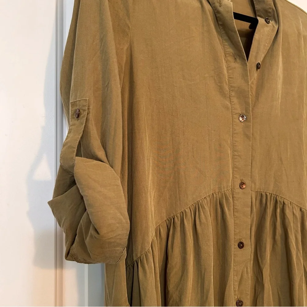 Zara Womens Shirt Dress Peplum Olive Green Roll Tab Sleeve Size S